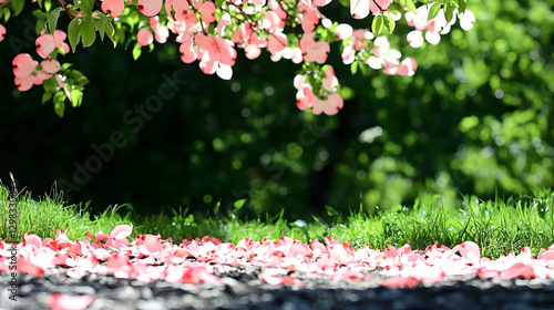 Fototapeta Naklejka Na Ścianę i Meble -  Pink blossoms fall on grassy garden ground