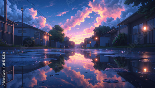 Calm Wet Pathway After Afternoon Rain Reflecting Homes and Bright Clouds in a Peaceful Residential Neighborhood with Clear Skies Above Anime Style Wallpaper Background photo