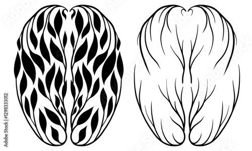 Vector set of healthy and unhealthy human brain from foliage and branches top view. Collection of black silhouette of Internal organ from leaves. Illustration for medical articles