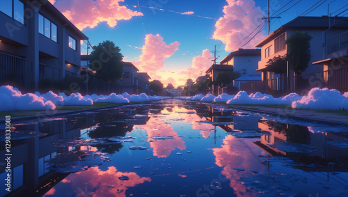 Lush Neighborhood Path in the Rain with Reflections of Houses and Soft Clouds After an Afternoon Downpour Anime Style Wallpaper Background photo