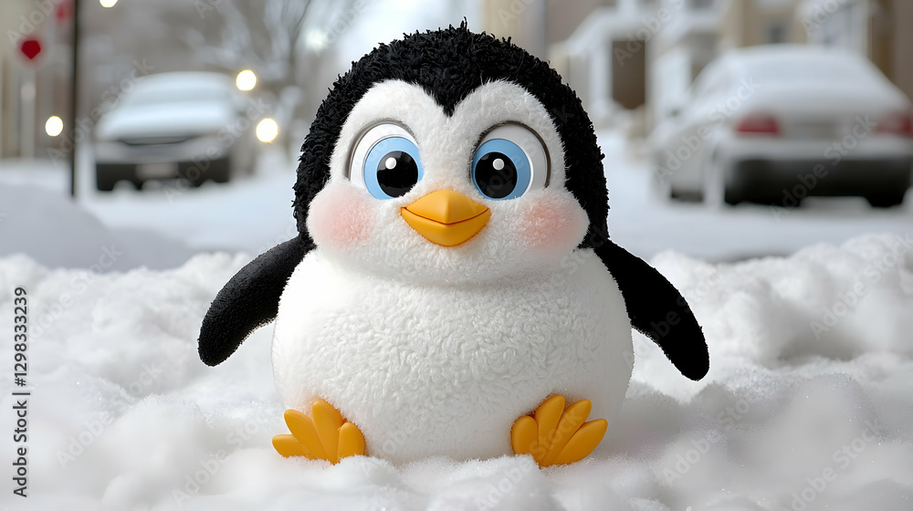 Obraz premium Adorable cartoon penguin character sitting in the fresh white snow on a blurry winter street.