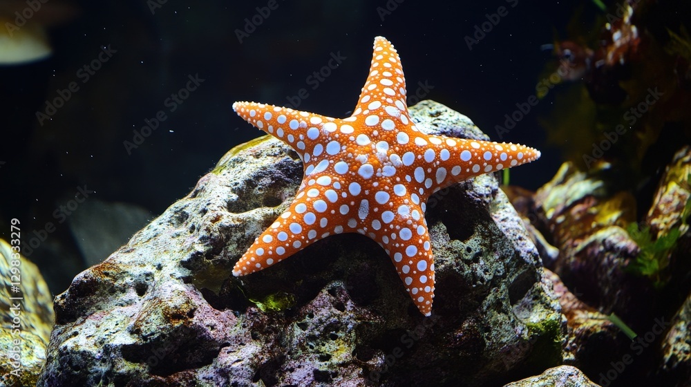 Close-up of an orange and white starfish perched on a slate-gray rock, its arms gracefully arcing to the right in stark contrast against the muted backdrop Close-up of an orange and white starfish perched on a slate-gray rock, its arms gracefully arcing to the right in stark contrast against the muted backdrop