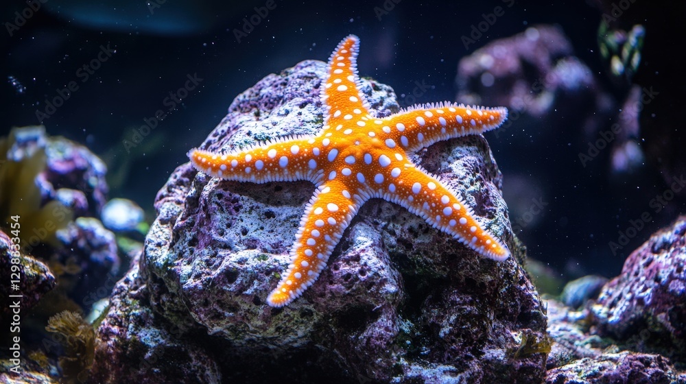 Close-up of an orange and white starfish perched delicately on rugged rocks, its limbs reaching outward toward the viewer in an intriguing dance Close-up of an orange and white starfish perched delicately on rugged rocks, its limbs reaching outward toward the viewer in an intriguing dance
