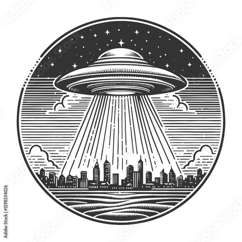 UFO hovering over a city, emitting bright beams of light in a dramatic scene sketch engraving generative ai vector illustration. Scratch board imitation. Black and white image.