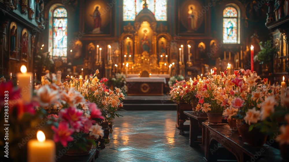 custom made wallpaper toronto digitalWarmly Lit Orthodox Church Interior Adorned With Easter Lilies and Glowing Candles