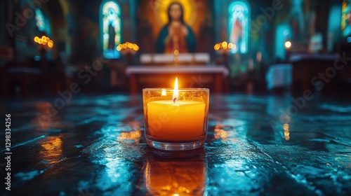 Single Lit Candle in Front of Orthodox Icon Symbolizing Easter Hope and Tranquility