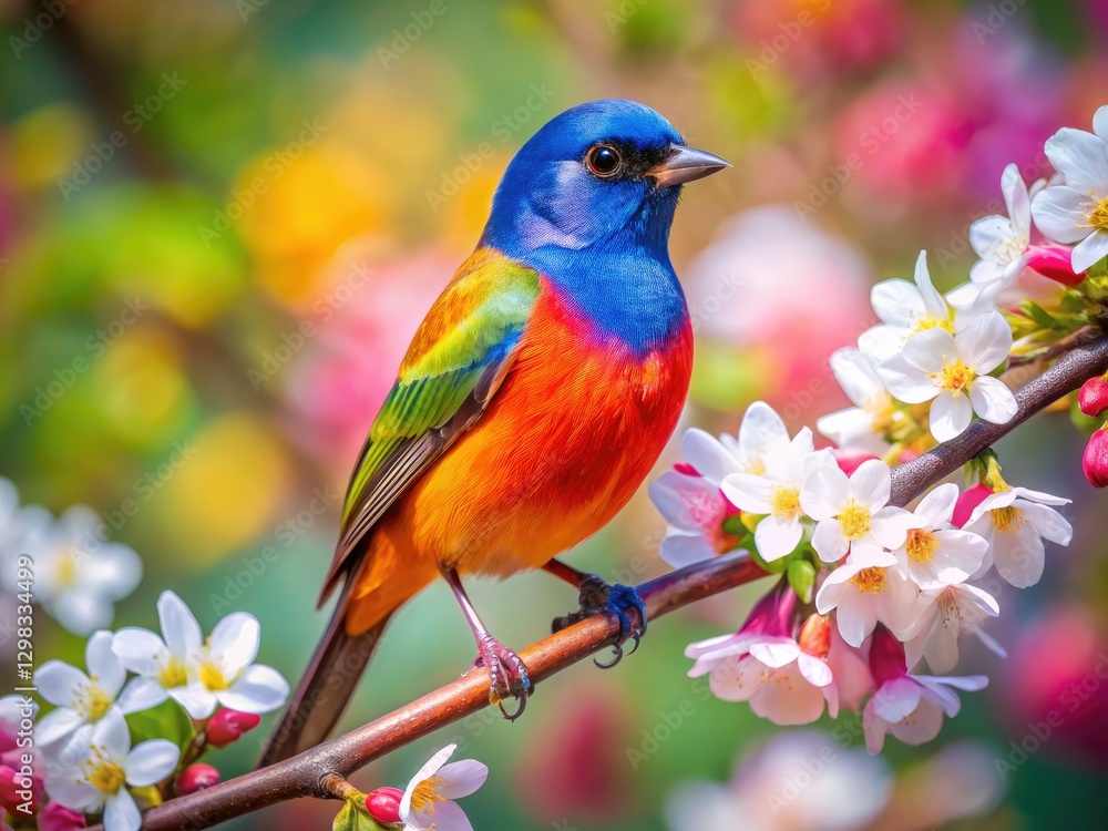 A vibrant bird, a splash of color, perched gracefully on a blossoming branch. A vibrant bird, a splash of color, perched gracefully on a blossoming branch.