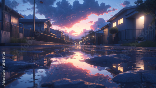 Peaceful Reflective Path in a Quiet Residential Area After Afternoon Rain with Reflections of Homes and Bright Cloud Cover in the Sky Anime Style Wallpaper Background photo