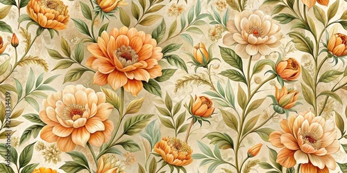 Elegant Floral Tapestry Featuring Lush Orange and Cream Blooms, Intricate Leaf Details, and a Soft Beige Background