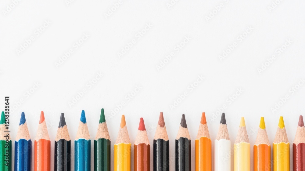 Fototapeta premium Colored Pencils Arranged Horizontally on White Background