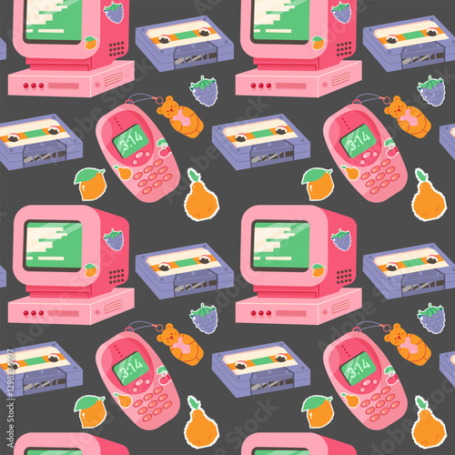 Vintage seamless pattern with music cassettes, computer, 90s lofi style phone