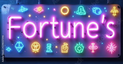 Neon sign fortune s light radiant tarot imagery glowing destiny symbols divine cosmic insight bright colorful realistic photo photo