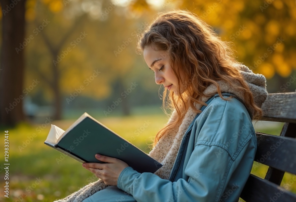 Obraz premium Young woman reading a book on a bench in a peaceful autumn park