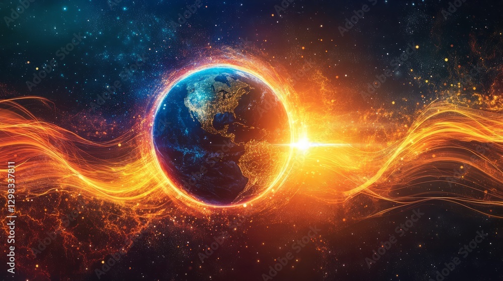 Obraz premium A bright, detailed Earth surrounded by flowing, glowing energy waves 