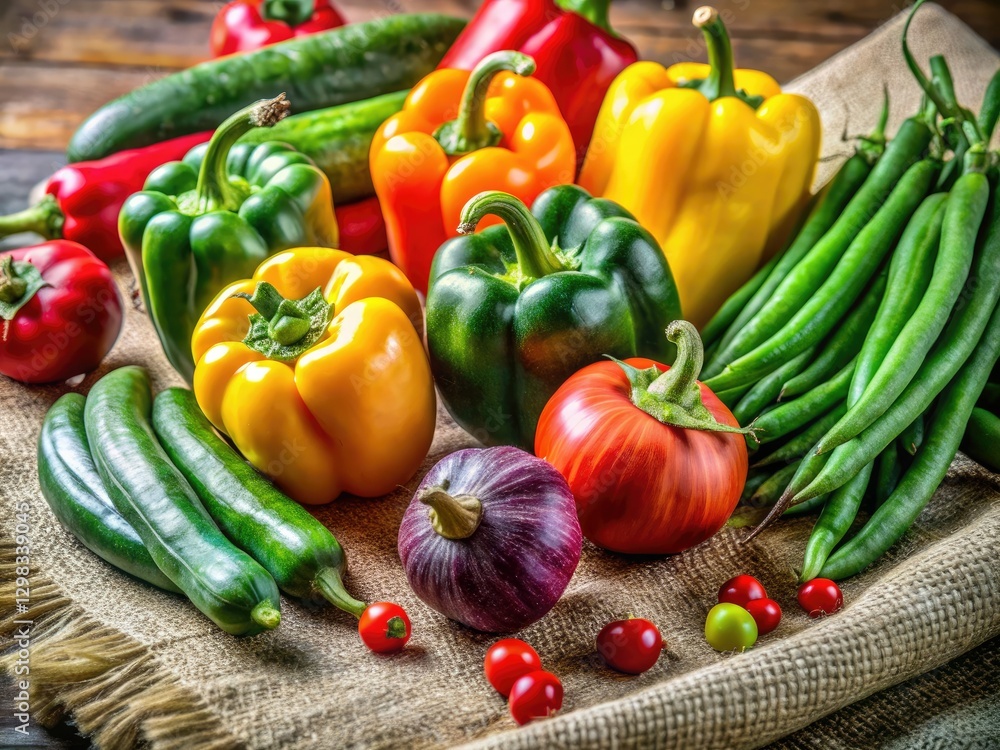Crisp green beans, plump peppers, and zucchini create a vibrant still life on linen. Crisp green beans, plump peppers, and zucchini create a vibrant still life on linen.