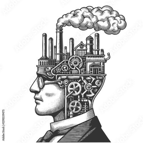 man in a suit with an industrial factory emerging from his head, symbolizing industry, innovation, and thought sketch engraving generative ai vector. Scratch board imitation. Black and white image.
