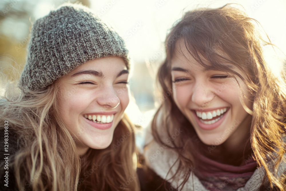 Two friends laughing together, warm colors and joyful moment captured in natural light Two friends laughing together, warm colors and joyful moment captured in natural light