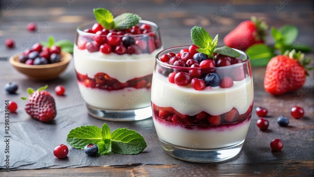 Delightful layered dessert with creamy base, berry compote, and fresh berries garnished with mint Delightful layered dessert with creamy base, berry compote, and fresh berries garnished with mint