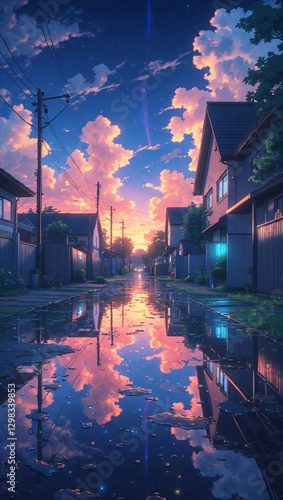 Quiet Walkway in a Residential Neighborhood with Wet Pavement and Reflections of Homes Under Bright Clouds After Afternoon Rain Anime Style Wallpaper Background