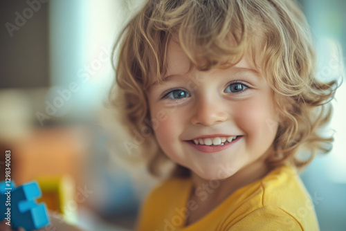 Playful child with mischievous grin, holding prank toy in bright home setting photo