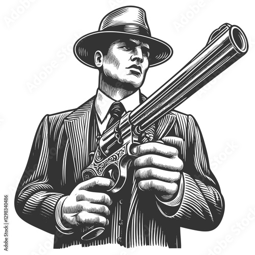 gangster in a suit and fedora, confidently holding an ornate revolver sketch engraving generative ai fictional character vector illustration. Scratch board imitation. Black and white image.