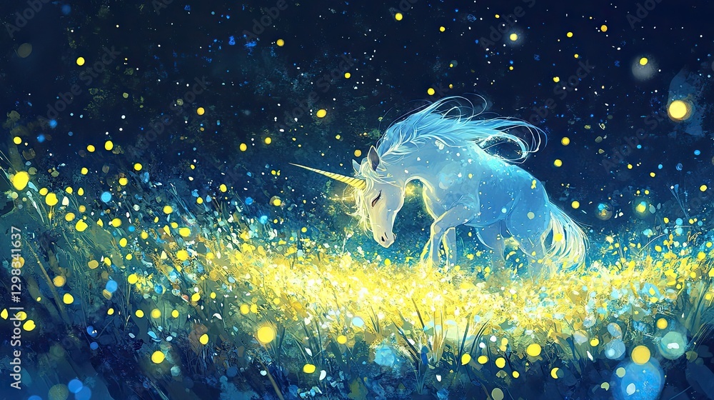 Fototapeta premium Magical Unicorn in Firefly Meadow at Night