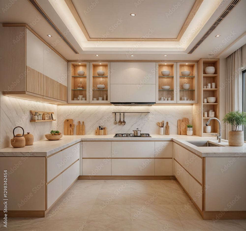 This image shows a modern, minimalist kitchen with light and white wood cabinets, a U-shaped layout, and a clean, clutter-free design. The space is lit with soft lighting. This image shows a modern, minimalist kitchen with light and white wood cabinets, a U-shaped layout, and a clean, clutter-free design. The space is lit with soft lighting.