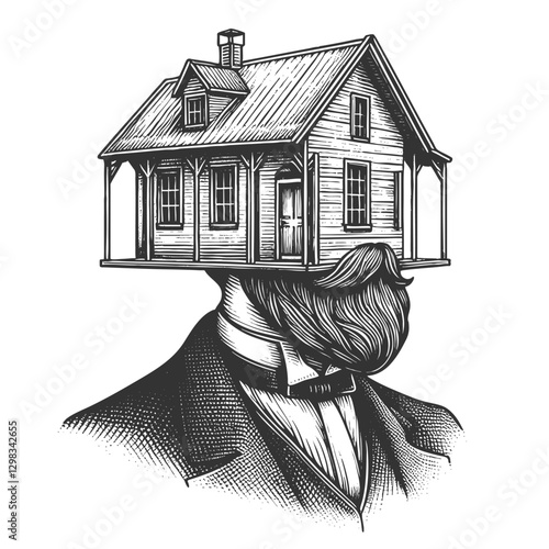 thoughtful man in a suit with a house replacing the top of his head, symbolizing home and mind connection sketch engraving generative ai vector illustration. Scratch board. Black and white image.