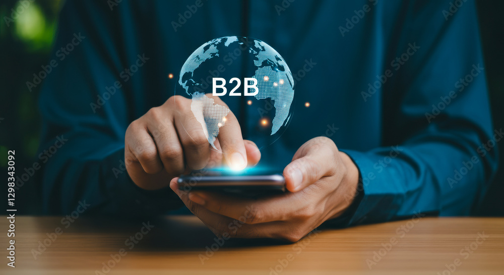Business professional using smartphone to engage in B2B networking with a globe visual effect Business professional using smartphone to engage in B2B networking with a globe visual effect