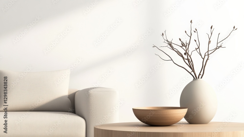 Obraz premium Minimalist Interior with Sofa, Wooden Bowl and Vase with Branches