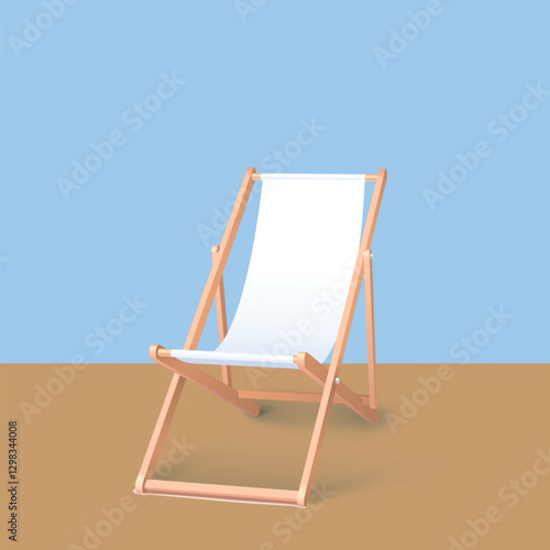 White canvas deck chair on sand, blue sky backdrop. Minimalist, summery scene.