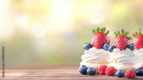 Berry Pavlovas: Exquisite individual pavlovas adorned with luscious berries, showcasing a delectable dessert against a soft, blurred background evoking a sense of freshness. photo