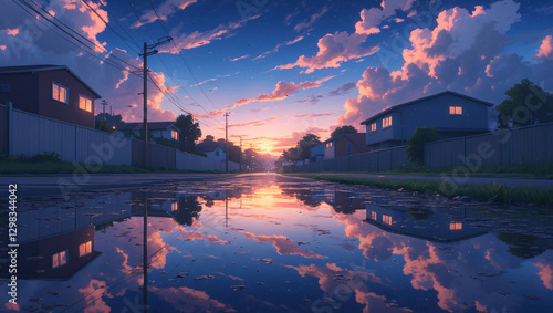 Serene Rainy Pathway in a Quiet Neighborhood with Vibrant House Reflections After an Afternoon Shower and Soft Clouds Anime Style Wallpaper Background photo