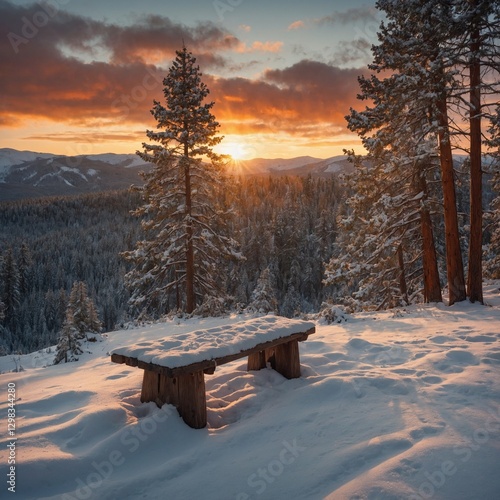 An enchanting winter forest with snow-laden pines, cascading snow