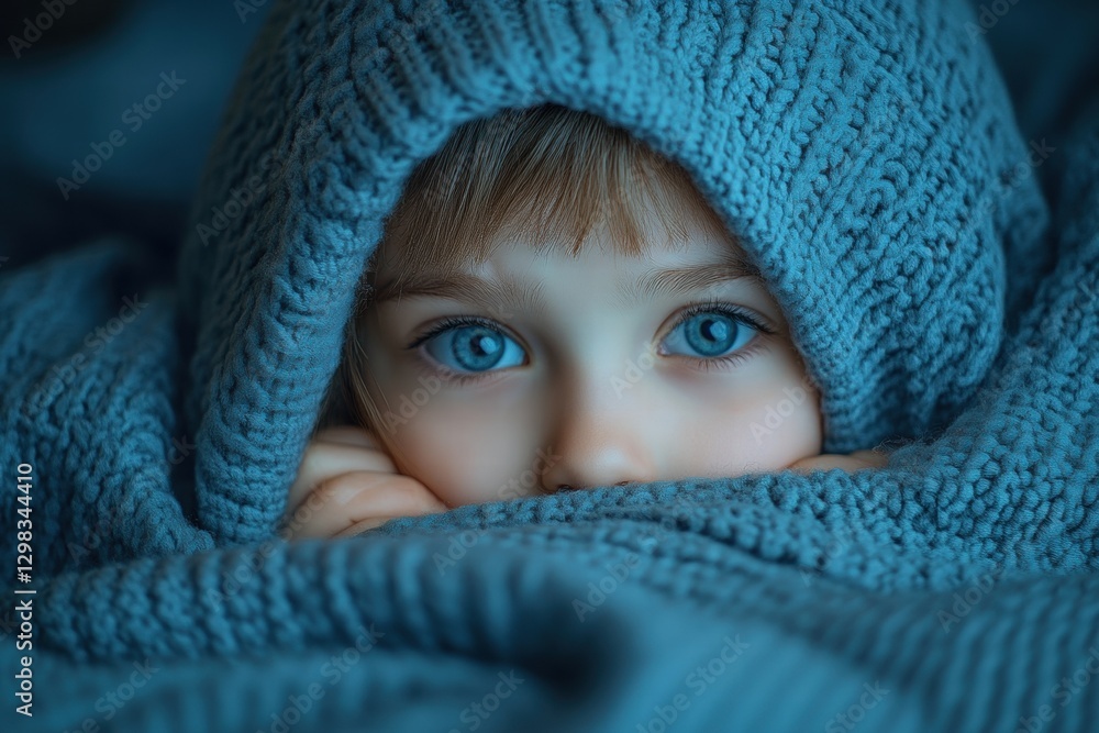Portrait of a child wrapped in a cozy blue blanket Portrait of a child wrapped in a cozy blue blanket