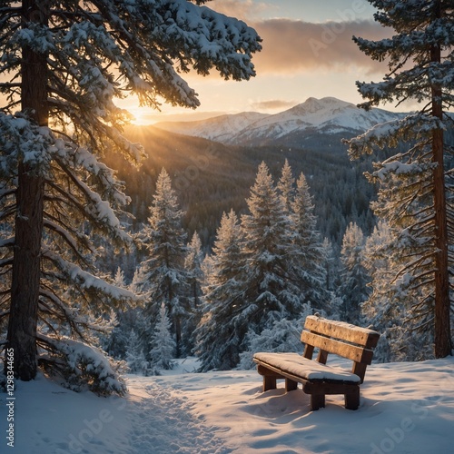 An enchanting winter forest with towering, frost-covered trees, gentle snow
