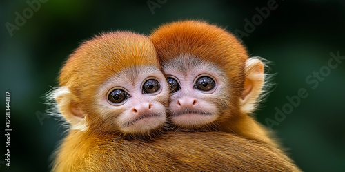 Affectionate baby monkeys hugging and cuddling against blurred green backdrop