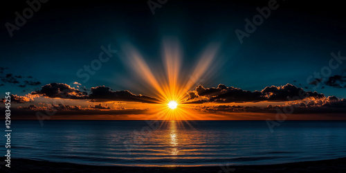 Golden sunburst over calm ocean at sunset, orange and blue, nature and serenity