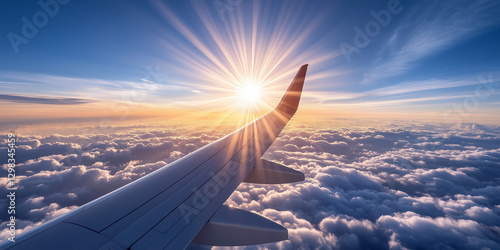 Airplane wing in clouds at sunrise, white and blue, aerial view of flight