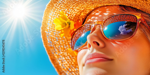 Smiling woman in hat and sunglasses enjoying sun, happy mood, bright sunny sky backdrop