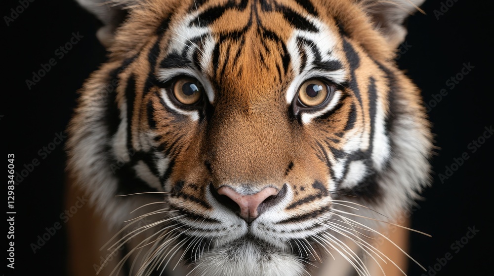 Tiger portrait, fierce gaze, frontal view, black background, wildlife photography Tiger portrait, fierce gaze, frontal view, black background, wildlife photography