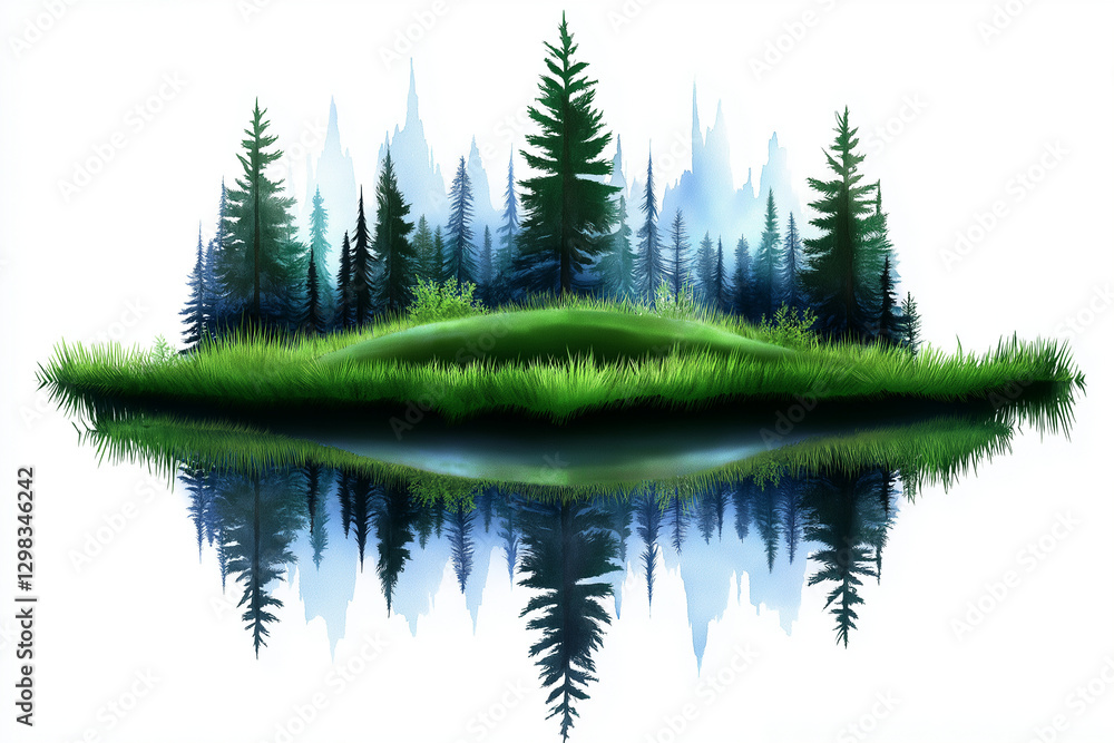 Fototapeta premium Watercolor forest and grass reflection, green and blue, nature scene on white background