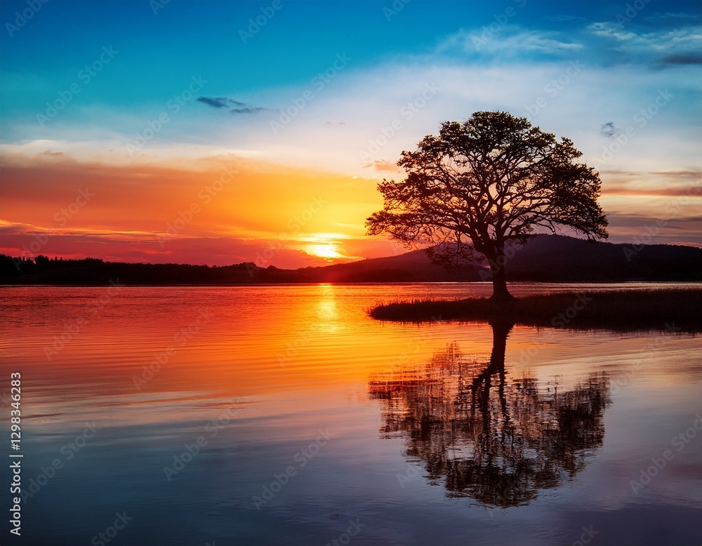 Lone tree silhouetted against a vibrant sunset over a calm, reflective lake. Lone tree silhouetted against a vibrant sunset over a calm, reflective lake.
