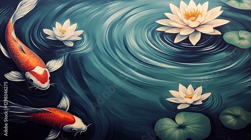 Koi fish in lotus pond, tranquil scene