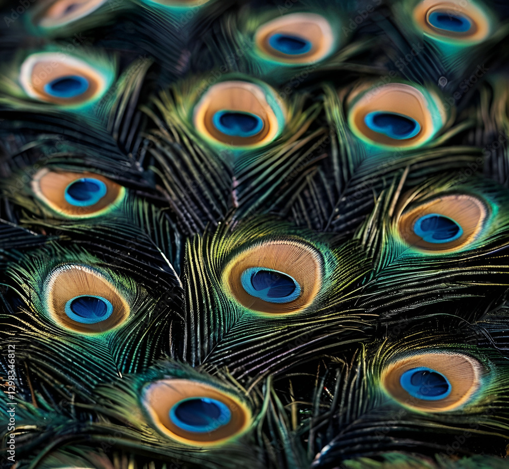 Obraz premium The peacock feather background is a true embodiment of the beauty and grace of nature. Peacock feathers are known for their vibrant colors and intricate patterns that fascinate the eye.