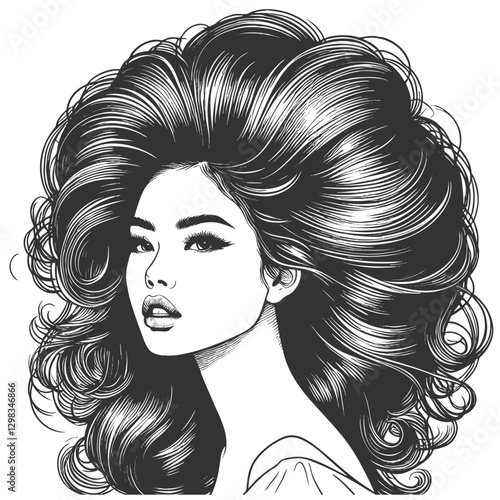 Asian woman with striking voluminous hair, showcasing elegance, beauty, and timeless fashion sketch engraving generative ai vector illustration. Scratch board imitation. Black and white image.