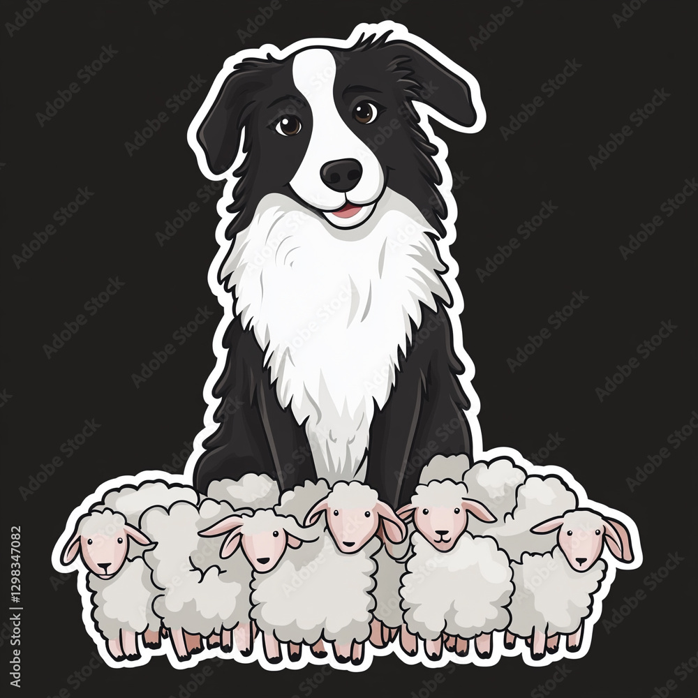 Fototapeta premium Adorable Collie Dog Herding Sheep with Care and Precision Showcasing the Kawaii Charm of This Beloved Breed in a Beautiful Pastoral Setting