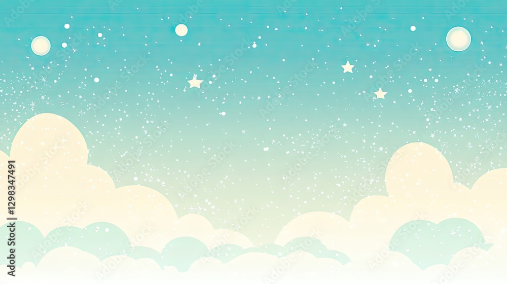 Obraz premium Dreamy night sky with fluffy clouds, stars, and moons