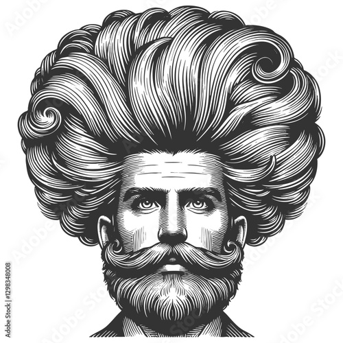 gentleman with an incredibly large, curly hairstyle, blending humor, surrealism, and vintage artistic style sketch engraving generative ai vector illustration. Scratch board. Black and white image.