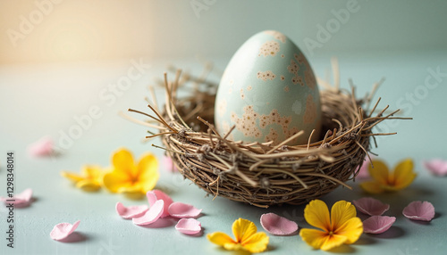 Easter Egg in a Nest-Shaped Basket, Festive Spring and Holiday Decoration